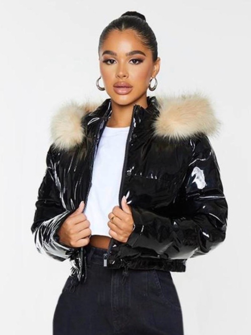 PrettyLittle Thing Black Patent Faux-Fur Trim Cropped Puffer Jacket